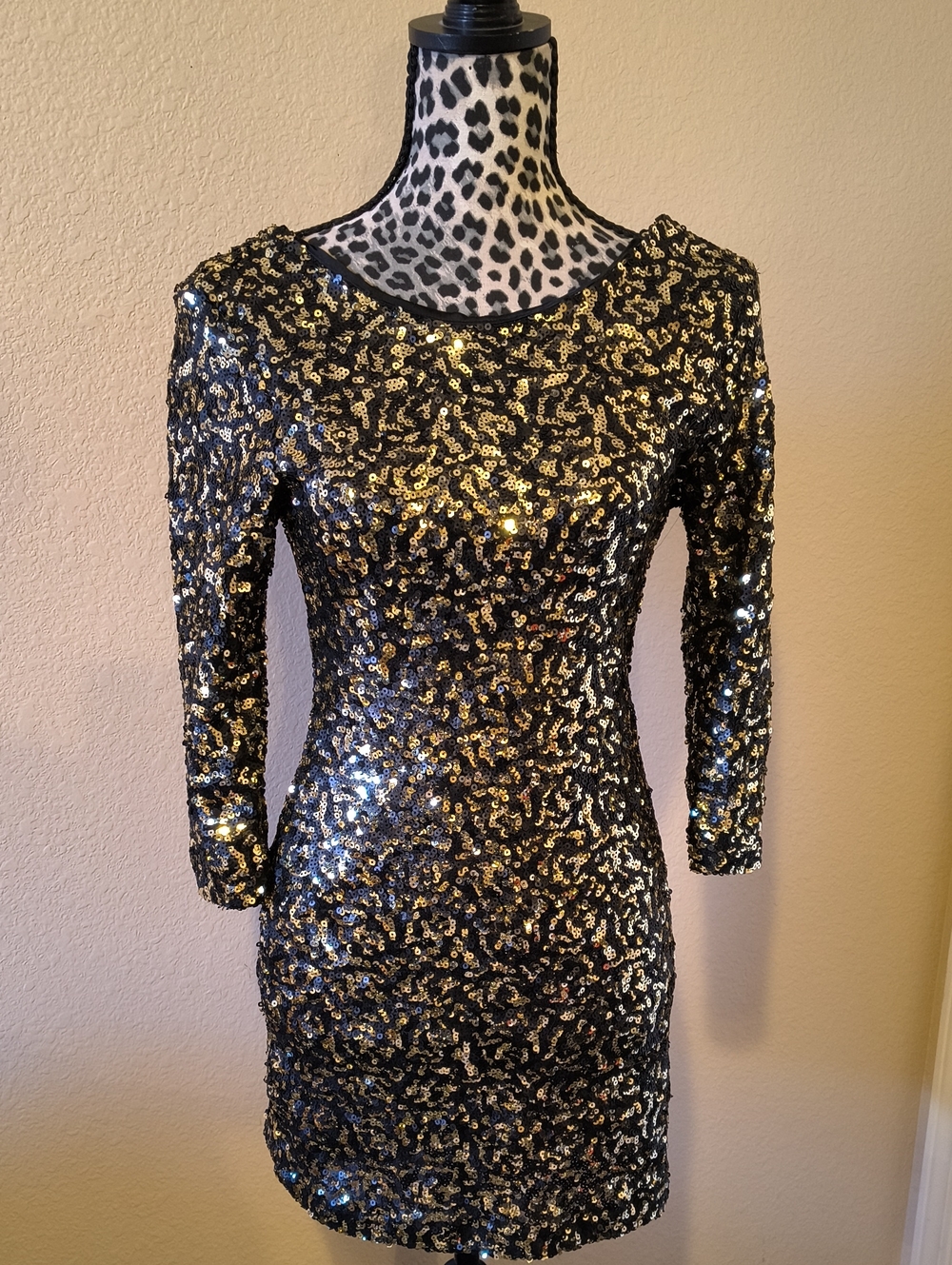 MM Couture Black and Gold Sequin 3/4 Sleeve Dress S